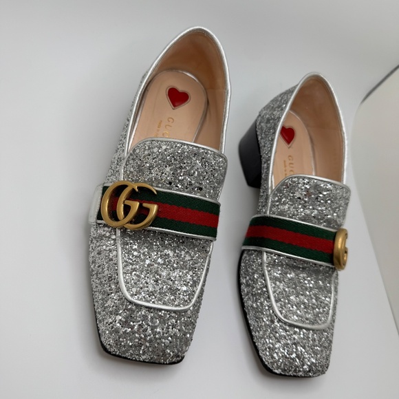 Gucci GG Marmont Web Peyton Loafers Coarse Glitter Metallic Silver Women’s US 35 - Picture 5 of 15